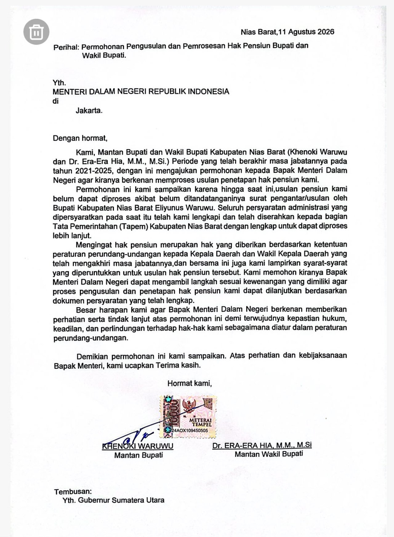 Diduga Dipersulit Bupati Eliyunus Waruwu, Mantan Bupati dan Wakil Bupati Nias Barat Kompak Surati Mendagri Terkait Hak