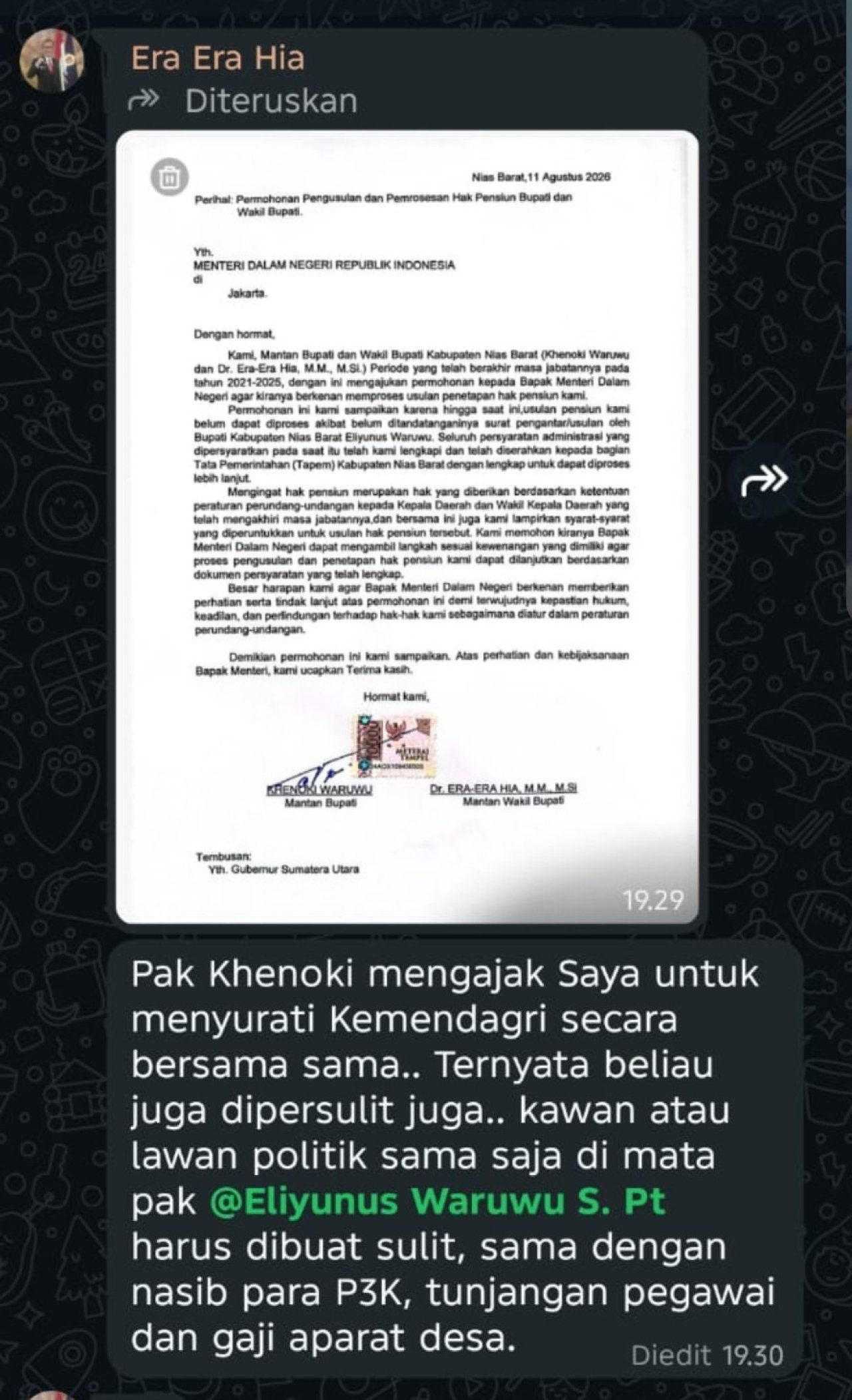 Klarifikasi Mantan Bupati Nias Barat Khenoki Waruwu Terkait Usulan Hak Pensiun dan Dinamika di Media Sosial