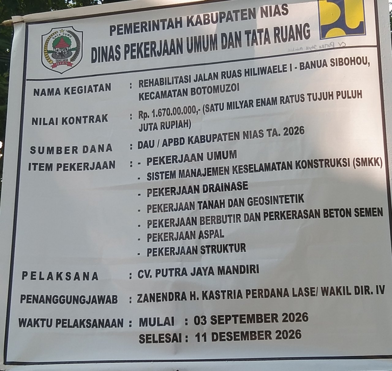 Waktu Kontrak Menipis, Masyarakat Desak Dinas PUPR Nias Tindak Tegas Kontraktor Proyek Jalan Ruas Banua Sibohou Nias