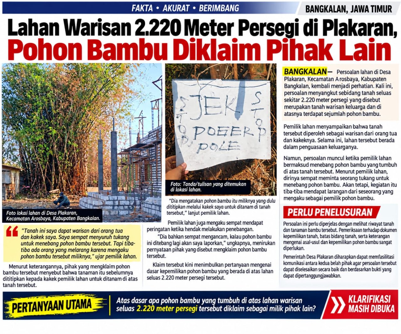 Lahan Warisan 2.220 Meter di Plakaran Memanas, Pohon Bambu Tiba-tiba Diklaim Milik Orang Lain