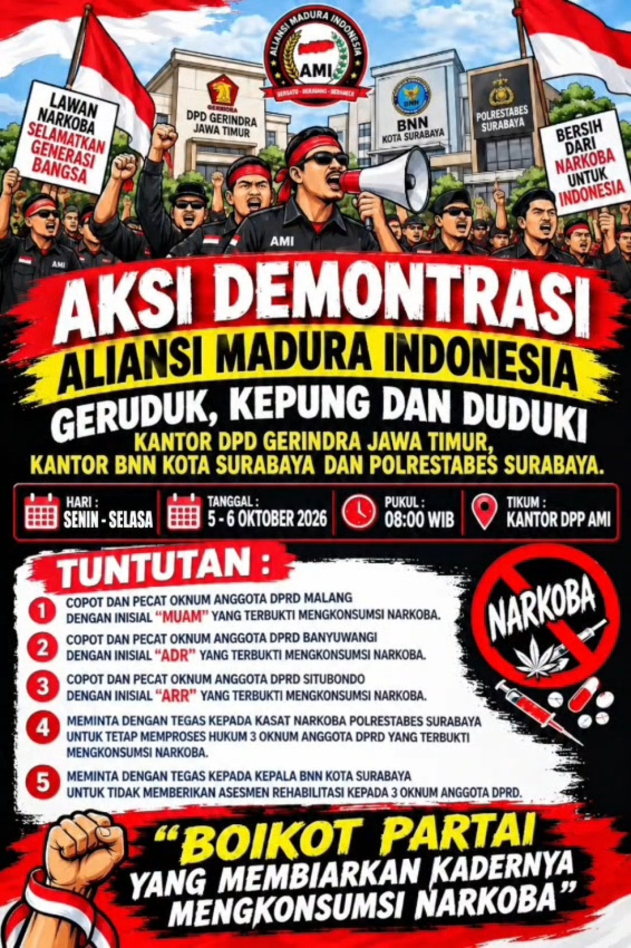 AMI Gelar Aksi, Tuntut Proses Hukum 3 Anggota DPRD Gerindra Terkait Narkoba